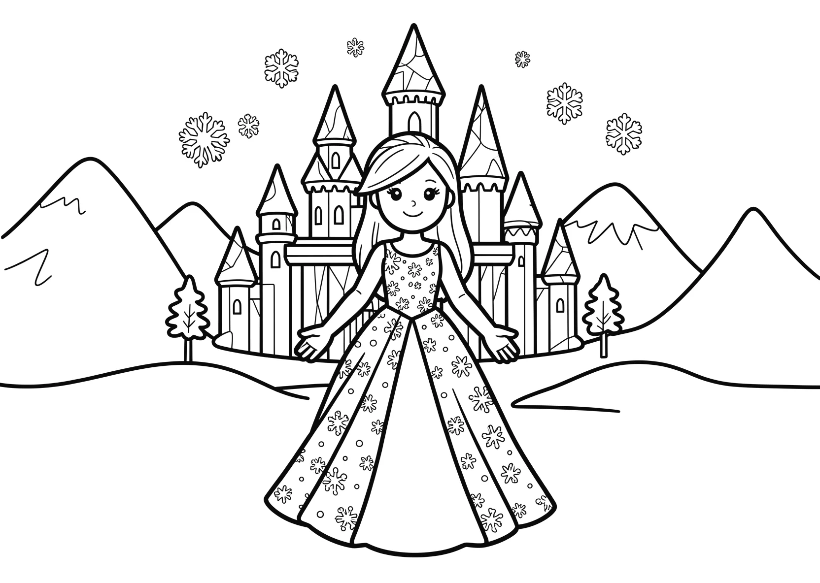 Ausmalbild Freundliche Eisprinzessin mit langem glitzernden - Ausmalbild aus der Kategorie Maerchen - kostenlos ausdrucken