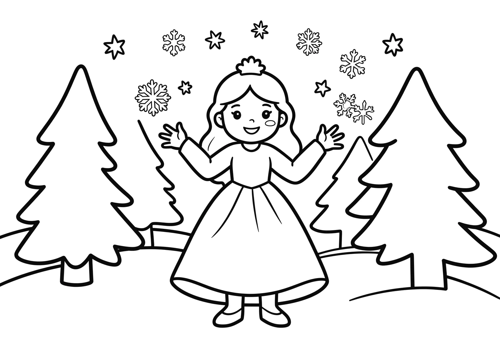 Ausmalbild Eisprinzessin zaubert Schneeflocken in einer - Ausmalbild aus der Kategorie Maerchen - kostenlos ausdrucken