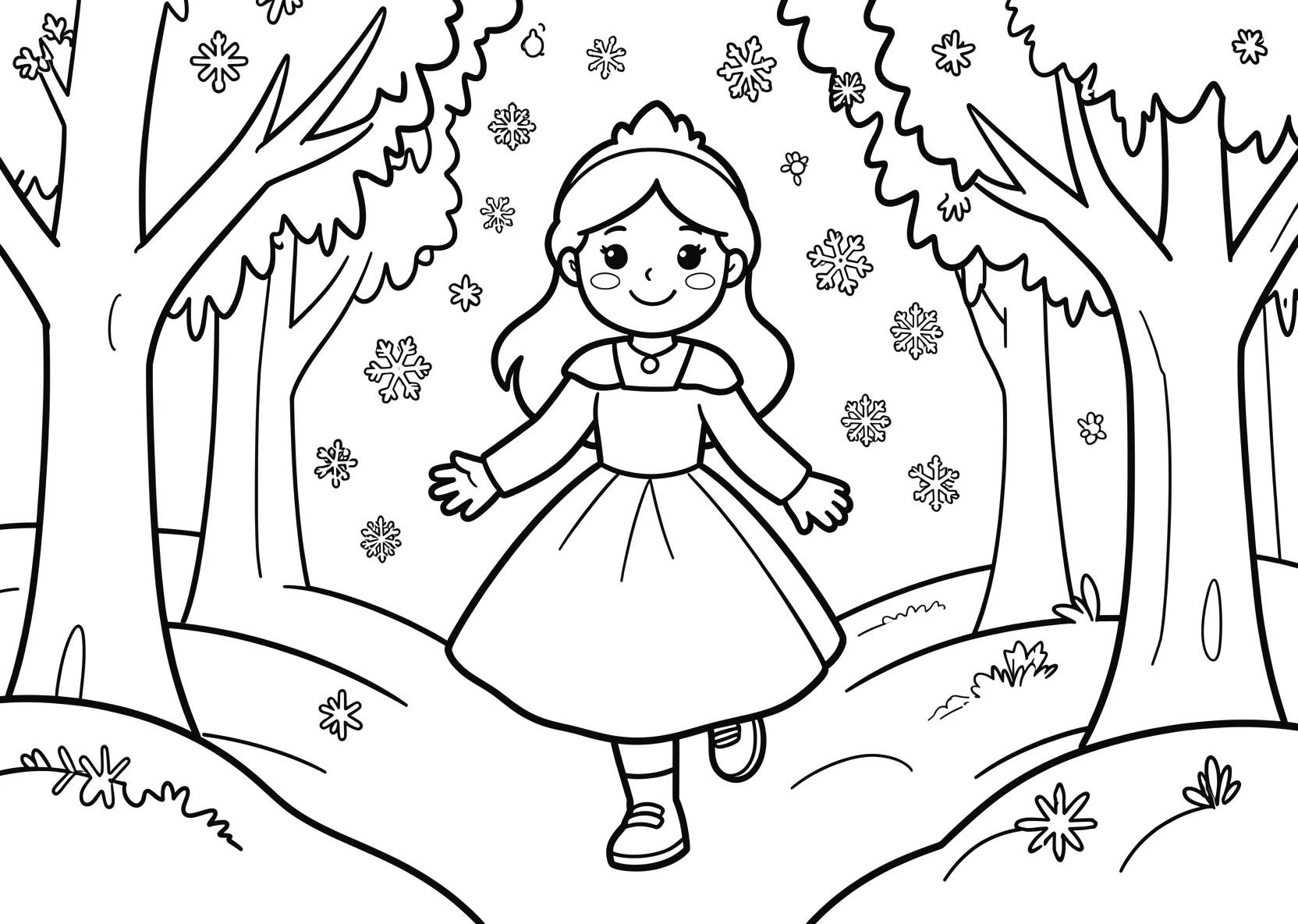 Ausmalbild Junge Eisprinzessin läuft durch einen Winterwald - Ausmalbild aus der Kategorie Maerchen - kostenlos ausdrucken