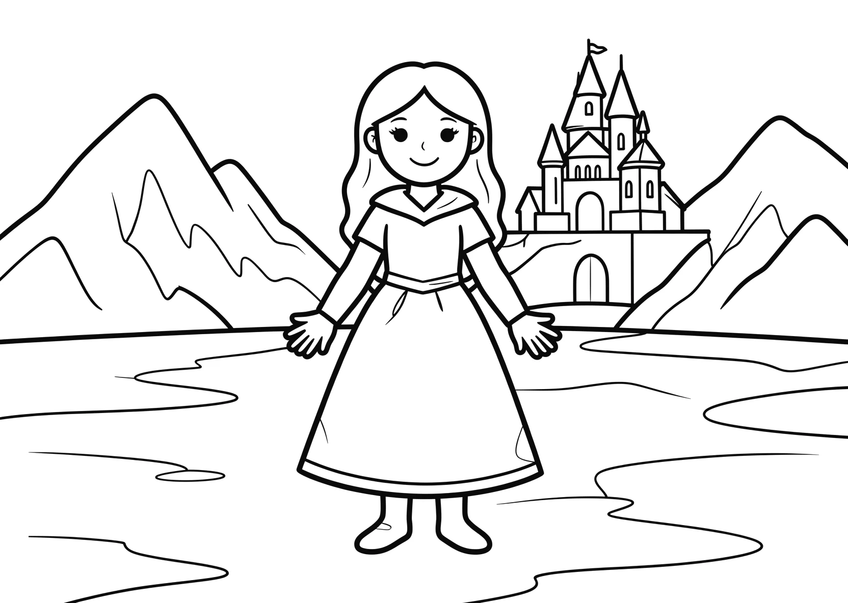 Ausmalbild Eisprinzessin steht auf einem gefrorenen See mit - Ausmalbild aus der Kategorie Maerchen - kostenlos ausdrucken