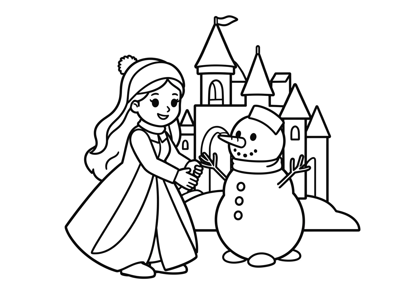 Ausmalbild Magische Eisprinzessin baut einen Schneemann vor - Ausmalbild aus der Kategorie Maerchen - kostenlos ausdrucken