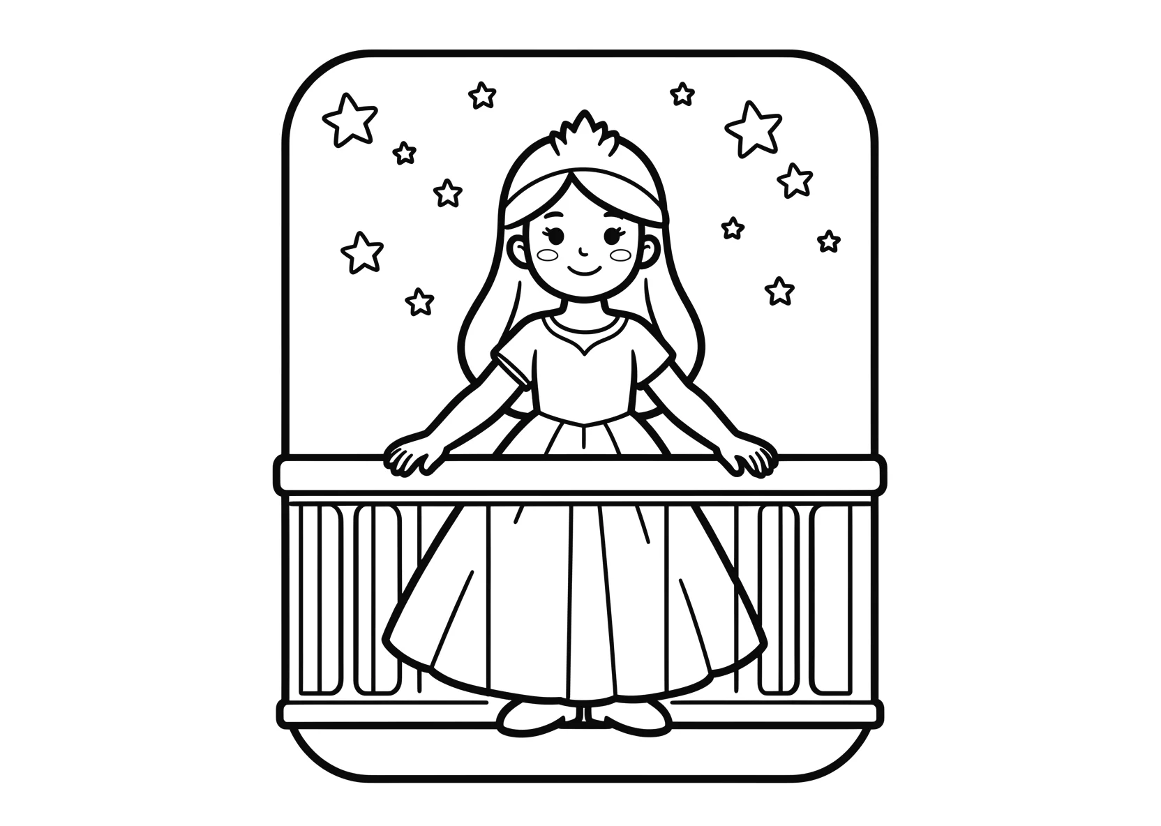 Ausmalbild Eisprinzessin steht auf einem Balkon eines - Ausmalbild aus der Kategorie Maerchen - kostenlos ausdrucken