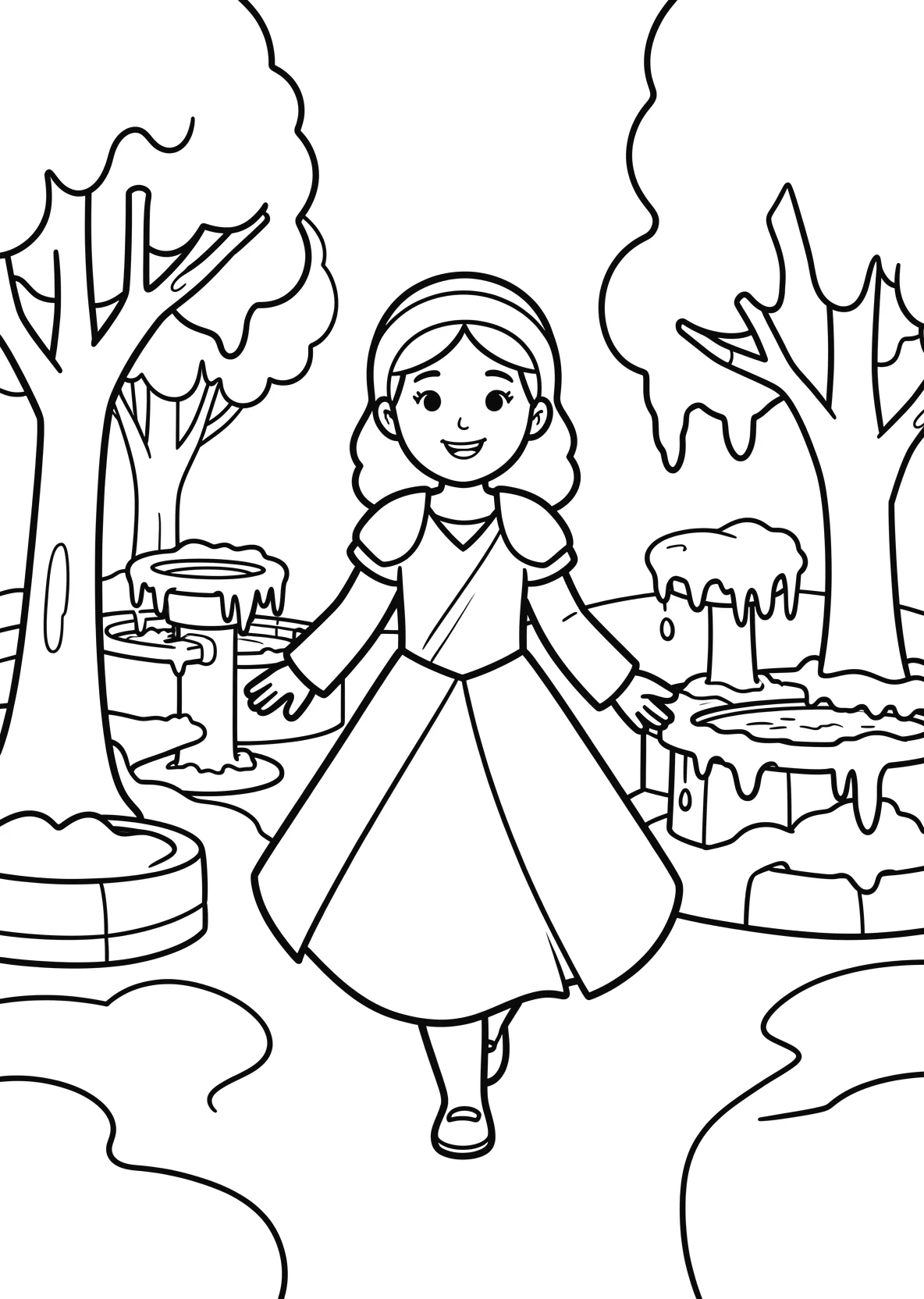 Ausmalbild Eisprinzessin läuft durch einen verschneiten - Ausmalbild aus der Kategorie Maerchen - kostenlos ausdrucken