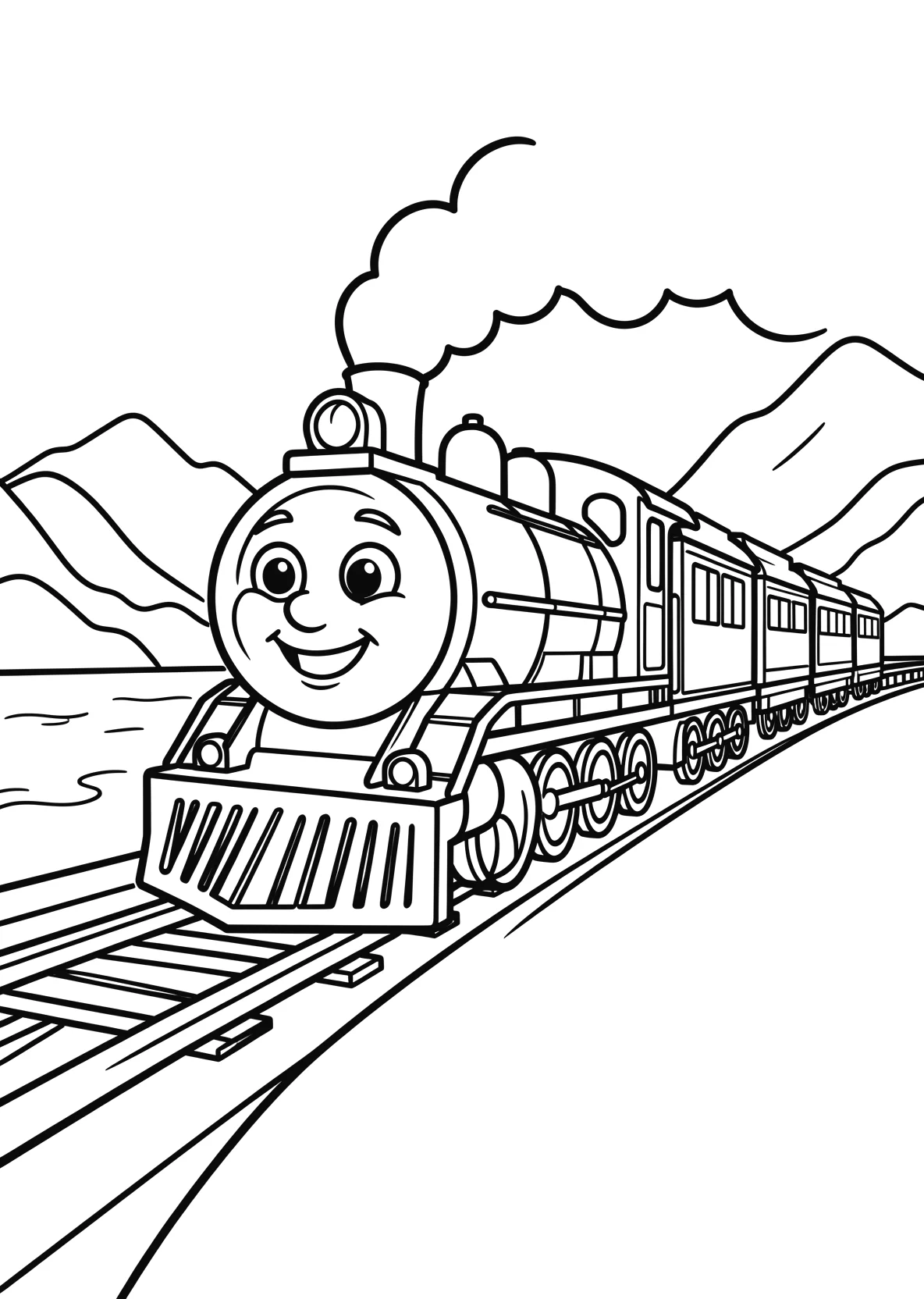 Ausmalbild Freundliche Dampflok mit einem großen lächelnden - Ausmalbild aus der Kategorie Fahrzeuge - kostenlos ausdrucken