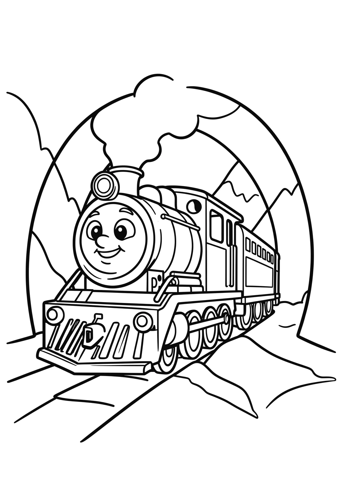 Ausmalbild Bunte Lokomotive mit Gesicht fährt durch einen - Ausmalbild aus der Kategorie Fahrzeuge - kostenlos ausdrucken