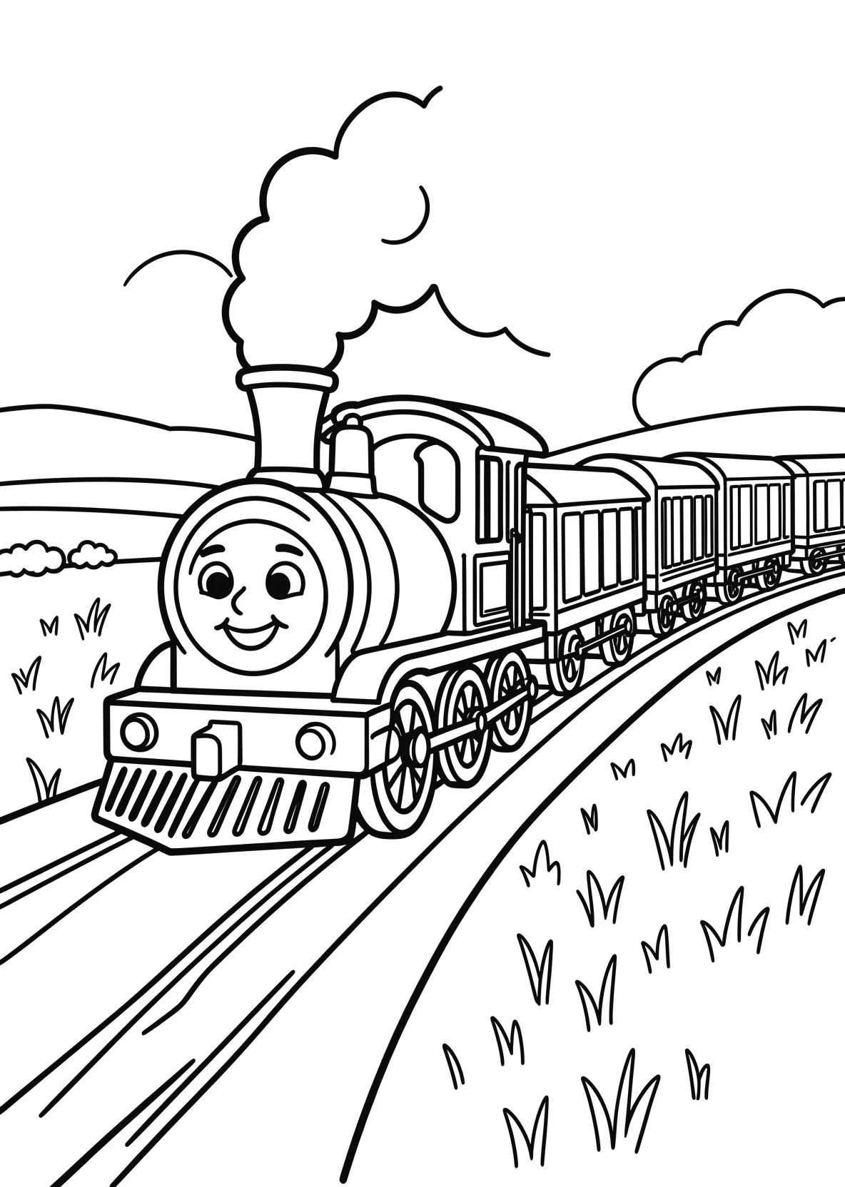 Ausmalbild Kleine Lokomotive mit Gesicht zieht mehrere - Ausmalbild aus der Kategorie Fahrzeuge - kostenlos ausdrucken