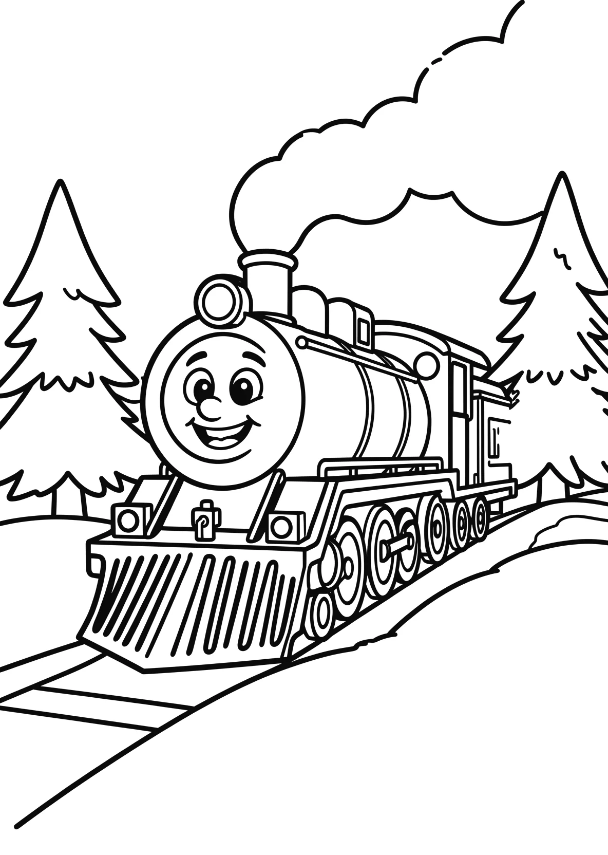 Ausmalbild Fröhliche Dampflok mit Gesicht fährt durch eine - Ausmalbild aus der Kategorie Fahrzeuge - kostenlos ausdrucken