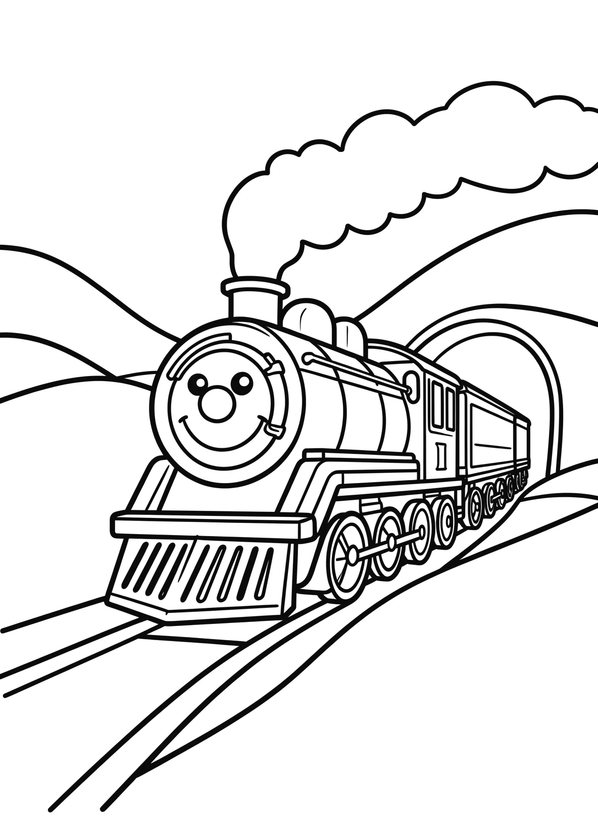 Ausmalbild Dampflok mit Gesicht fährt durch eine Landschaft - Ausmalbild aus der Kategorie Fahrzeuge - kostenlos ausdrucken