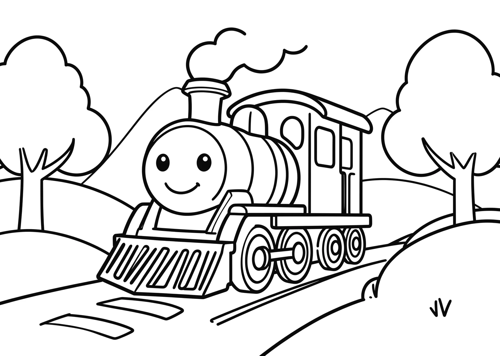 Ausmalbild Fröhliche kleine Lokomotive mit Gesicht fährt - Ausmalbild aus der Kategorie Fahrzeuge - kostenlos ausdrucken