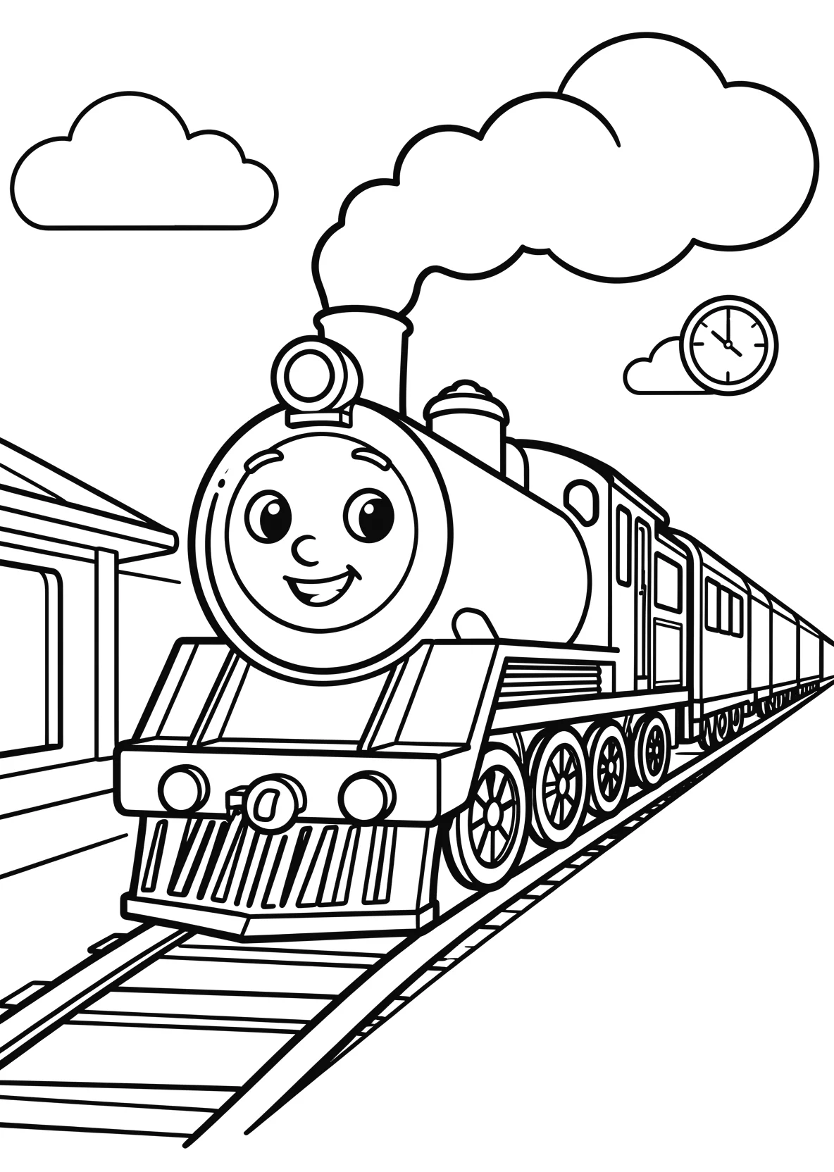 Ausmalbild Dampflok mit Gesicht steht an einem Bahnhof mit - Ausmalbild aus der Kategorie Fahrzeuge - kostenlos ausdrucken