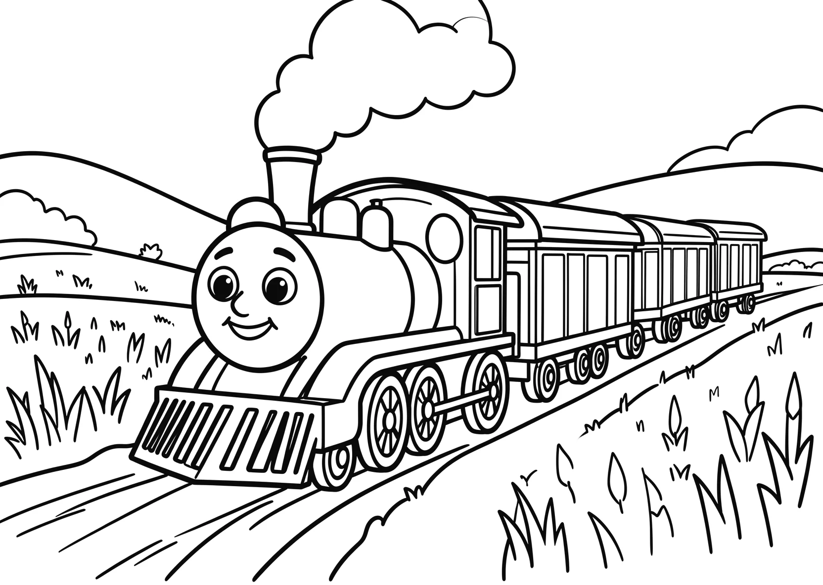 Ausmalbild Kleine Lokomotive mit Gesicht zieht mehrere - Ausmalbild aus der Kategorie Fahrzeuge - kostenlos ausdrucken