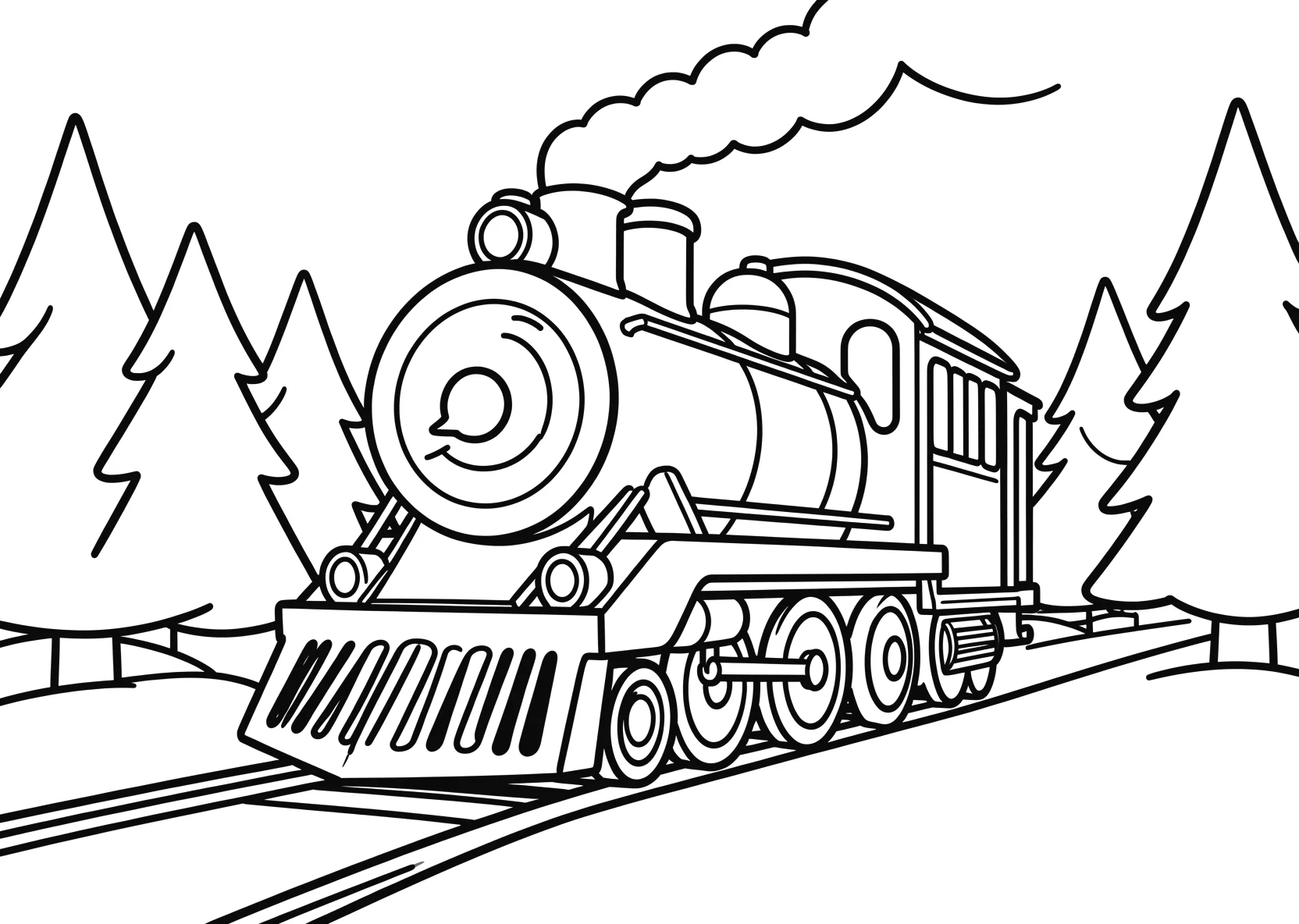 Ausmalbild Fröhliche Dampflok mit Gesicht fährt durch eine - Ausmalbild aus der Kategorie Fahrzeuge - kostenlos ausdrucken