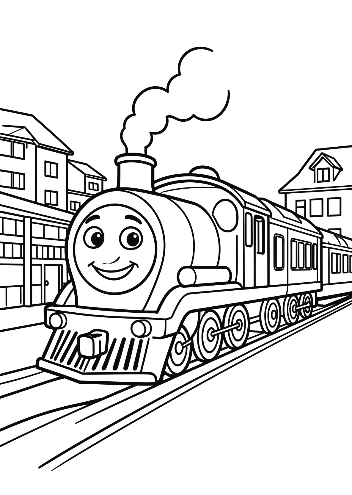 Ausmalbild Freundliche Lokomotive mit Gesicht fährt durch - Ausmalbild aus der Kategorie Fahrzeuge - kostenlos ausdrucken