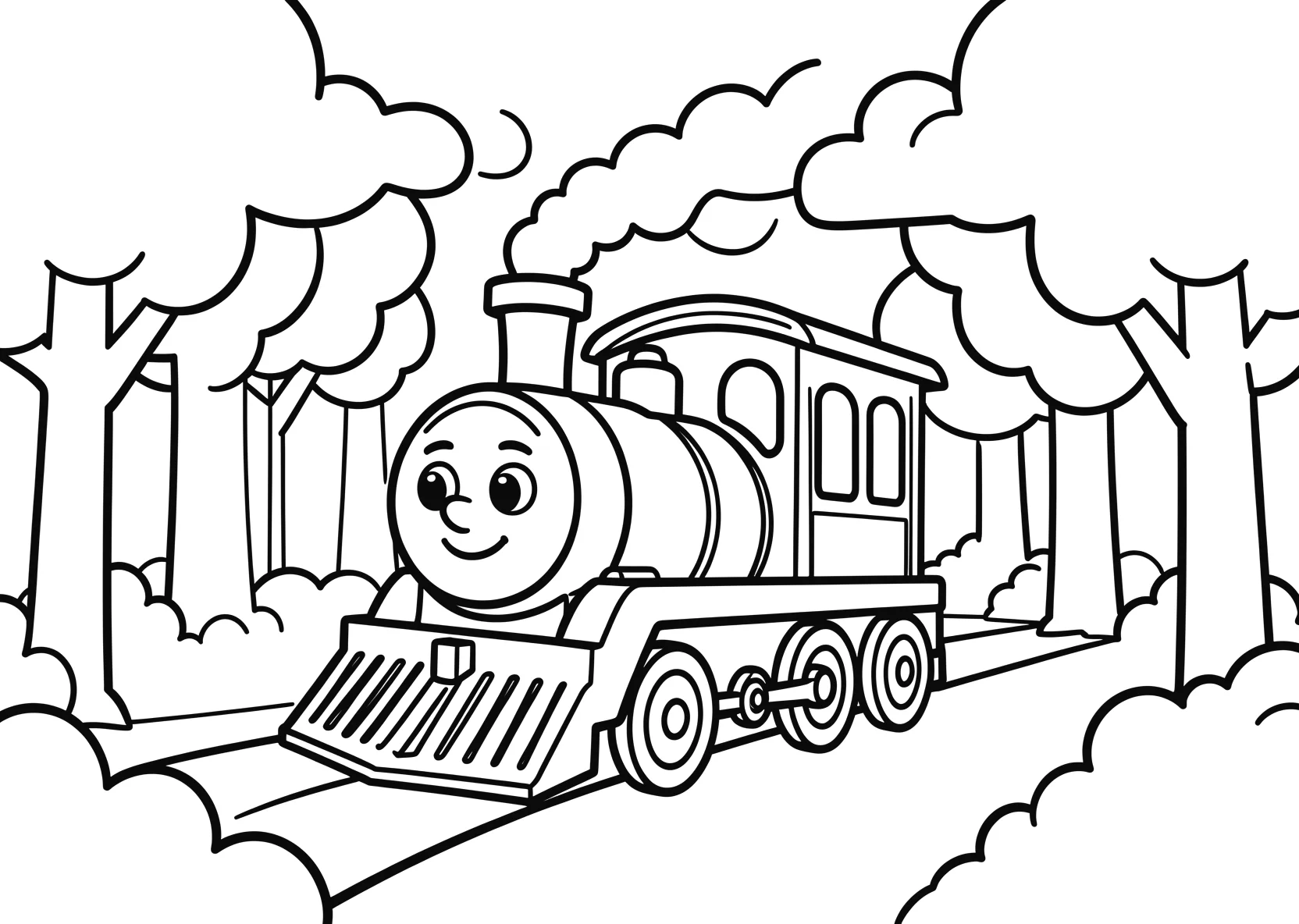 Ausmalbild Kleine Lokomotive mit Gesicht fährt durch einen - Ausmalbild aus der Kategorie Fahrzeuge - kostenlos ausdrucken