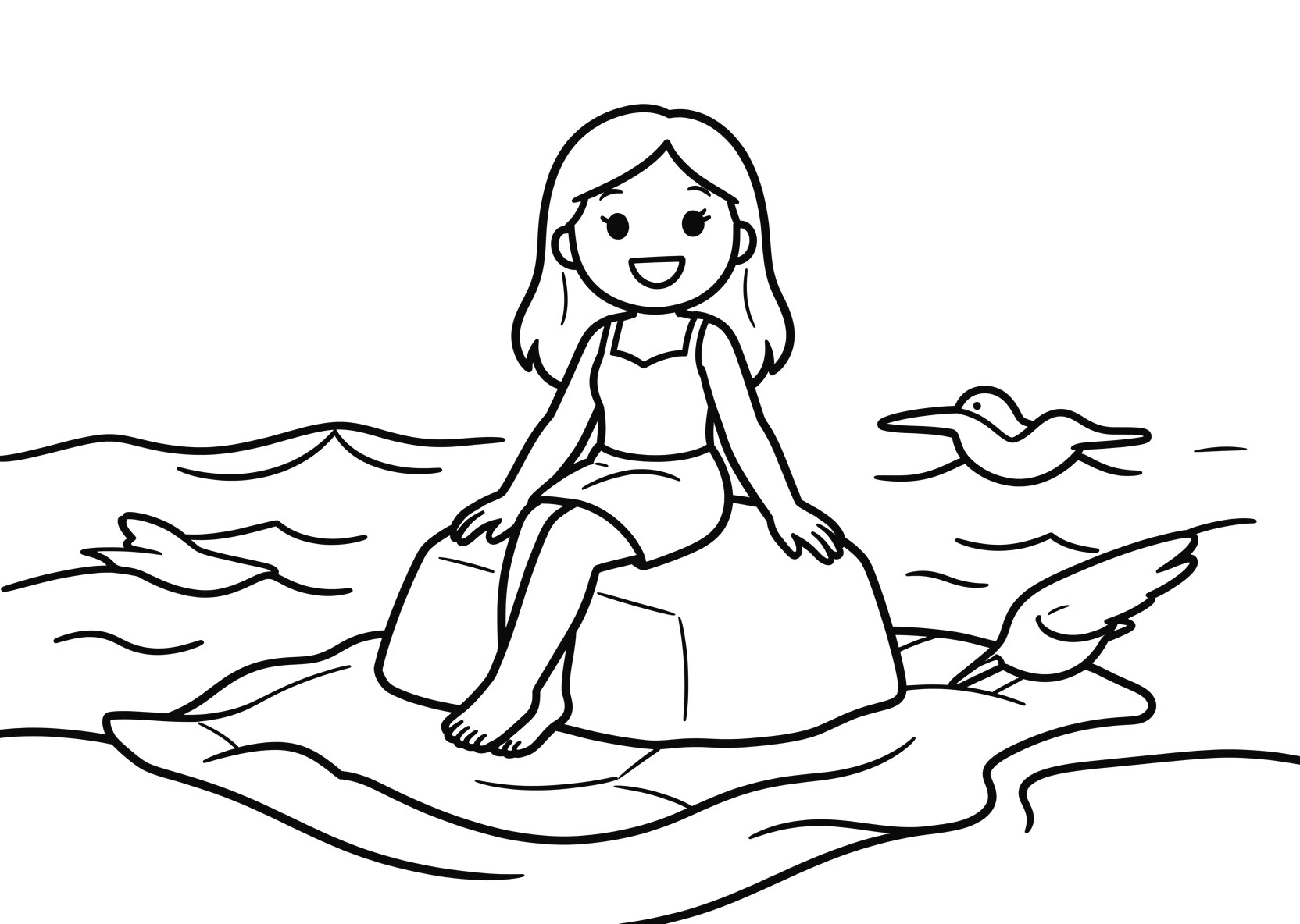 Ausmalbild Meerprinzessin sitzt auf einem Felsen am Strand - Ausmalbild aus der Kategorie Maerchen - kostenlos ausdrucken