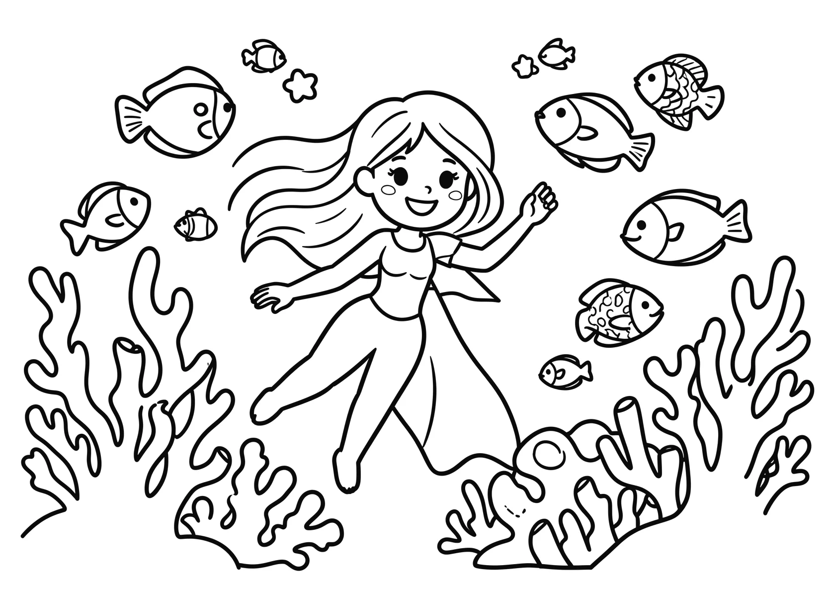 Ausmalbild Meerprinzessin schwimmt zwischen Korallen - Ausmalbild aus der Kategorie Maerchen - kostenlos ausdrucken