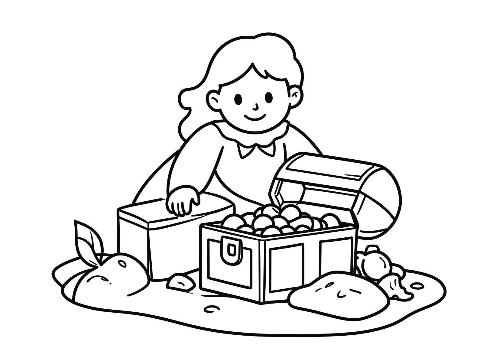 Ausmalbild Meerprinzessin entdeckt eine Schatztruhe auf dem - Ausmalbild aus der Kategorie Maerchen - kostenlos ausdrucken