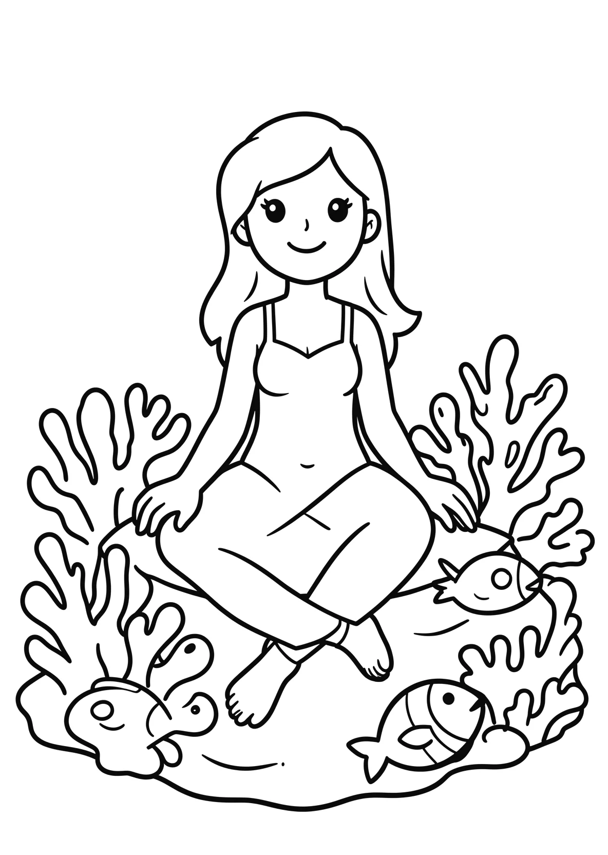 Ausmalbild Meerprinzessin sitzt auf einem Korallenriff mit - Ausmalbild aus der Kategorie Maerchen - kostenlos ausdrucken