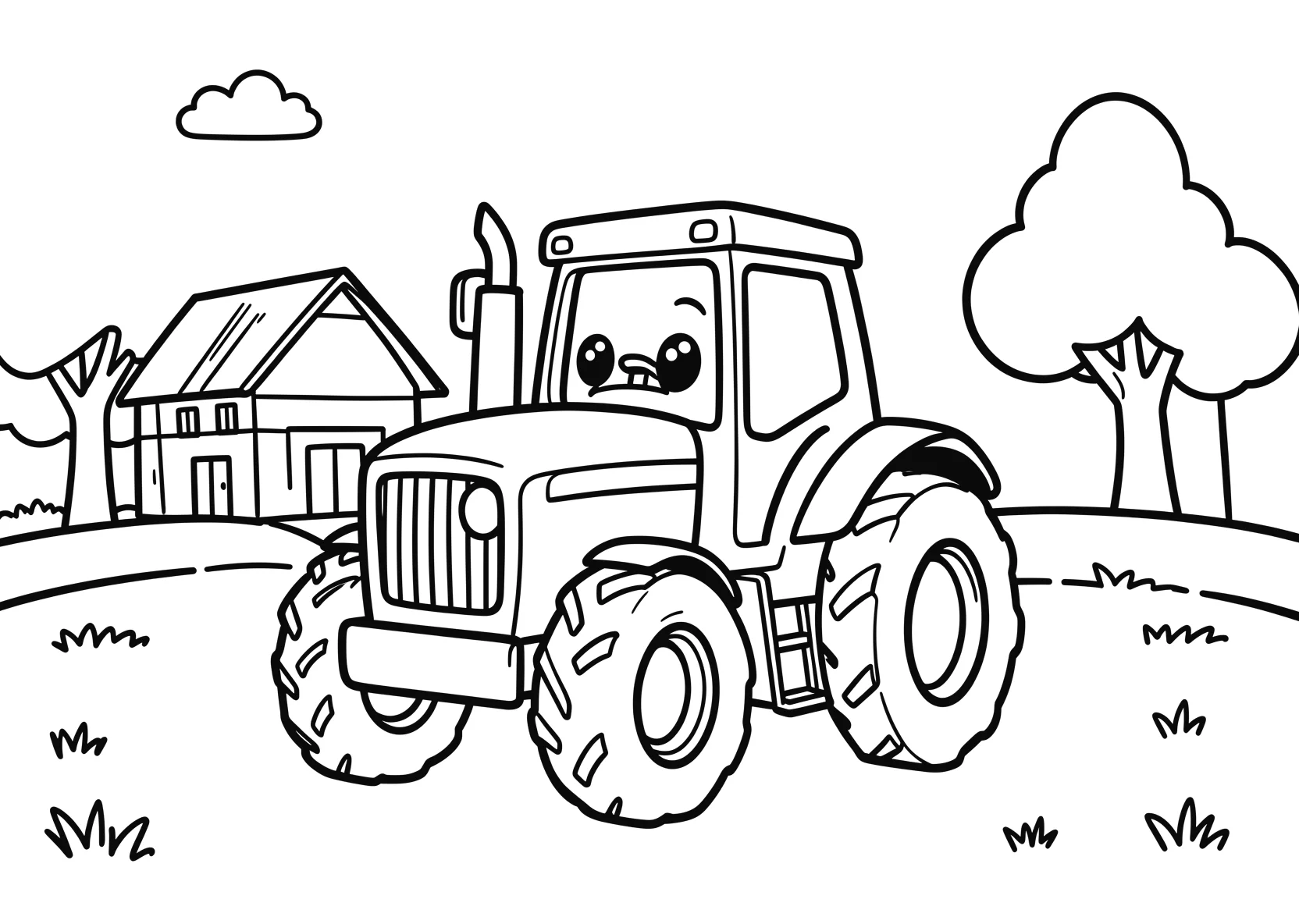 Ausmalbild Lustiger Traktor mit Gesicht fährt über ein Feld - Ausmalbild aus der Kategorie Fahrzeuge - kostenlos ausdrucken