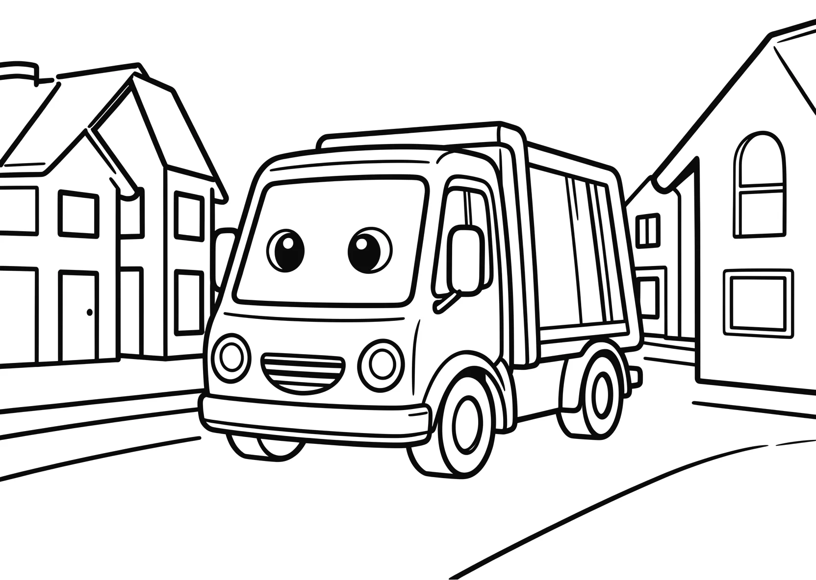 Ausmalbild Müllwagen mit Gesicht fährt durch eine Straße mit - Ausmalbild aus der Kategorie Fahrzeuge - kostenlos ausdrucken