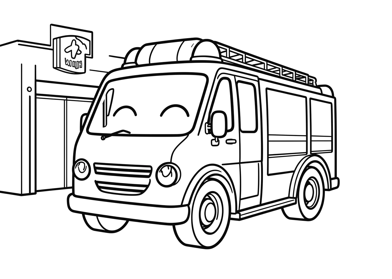 Ausmalbild Feuerwehrauto mit Gesicht steht vor einer - Ausmalbild aus der Kategorie Fahrzeuge - kostenlos ausdrucken