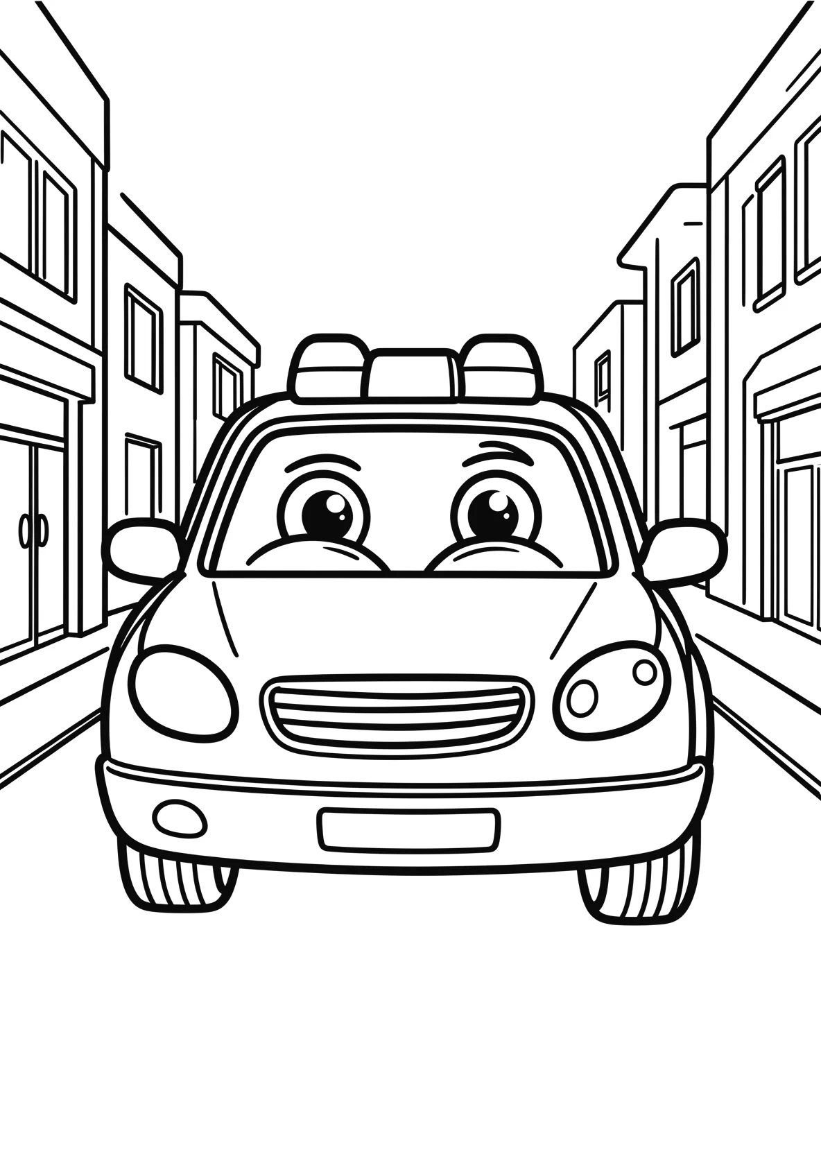 Ausmalbild Polizeiauto mit Gesicht fährt durch eine - Ausmalbild aus der Kategorie Fahrzeuge - kostenlos ausdrucken