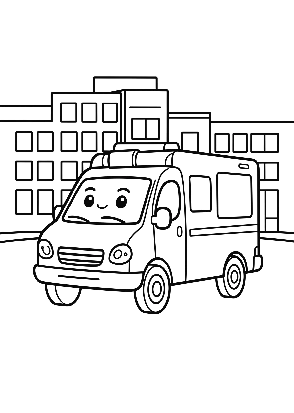 Ausmalbild Krankenwagen mit Gesicht steht vor einem - Ausmalbild aus der Kategorie Fahrzeuge - kostenlos ausdrucken