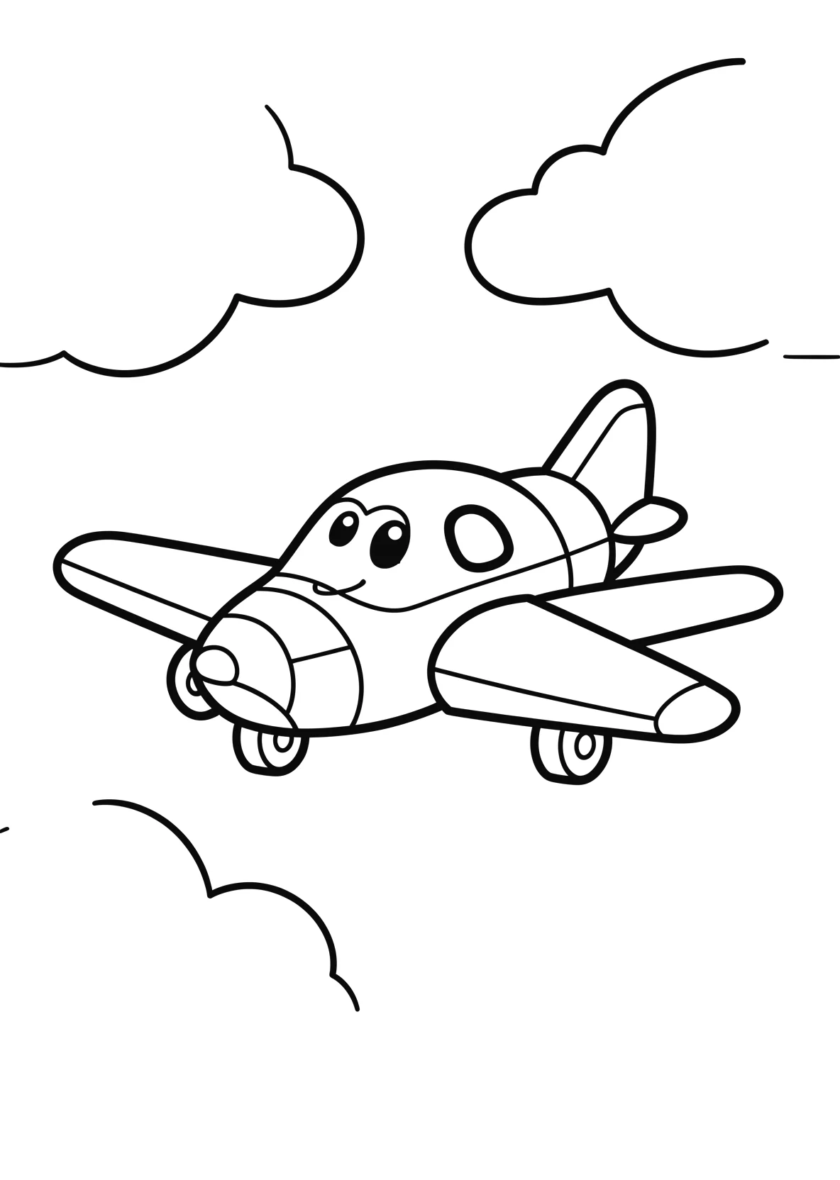 Ausmalbild Flugzeug mit Gesicht fliegt durch den Himmel mit - Ausmalbild aus der Kategorie Fahrzeuge - kostenlos ausdrucken