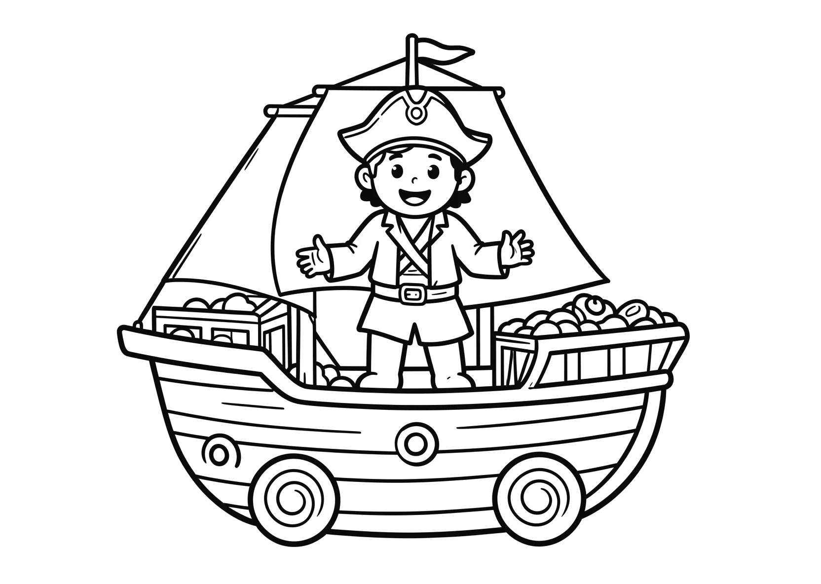 Ausmalbild Pirat steht auf einem Piratenschiff mit Segeln - Ausmalbild aus der Kategorie Maerchen - kostenlos ausdrucken