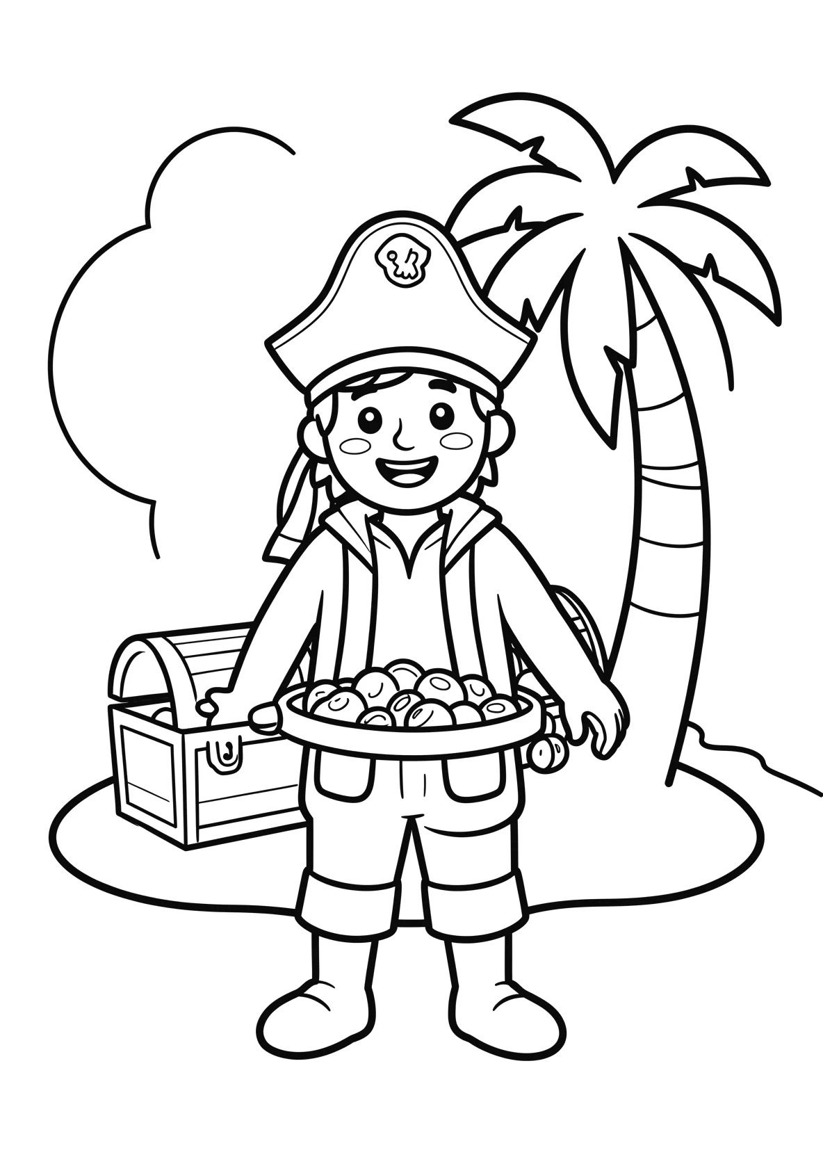 Ausmalbild Pirat findet eine Schatztruhe auf einer Insel mit - Ausmalbild aus der Kategorie Maerchen - kostenlos ausdrucken