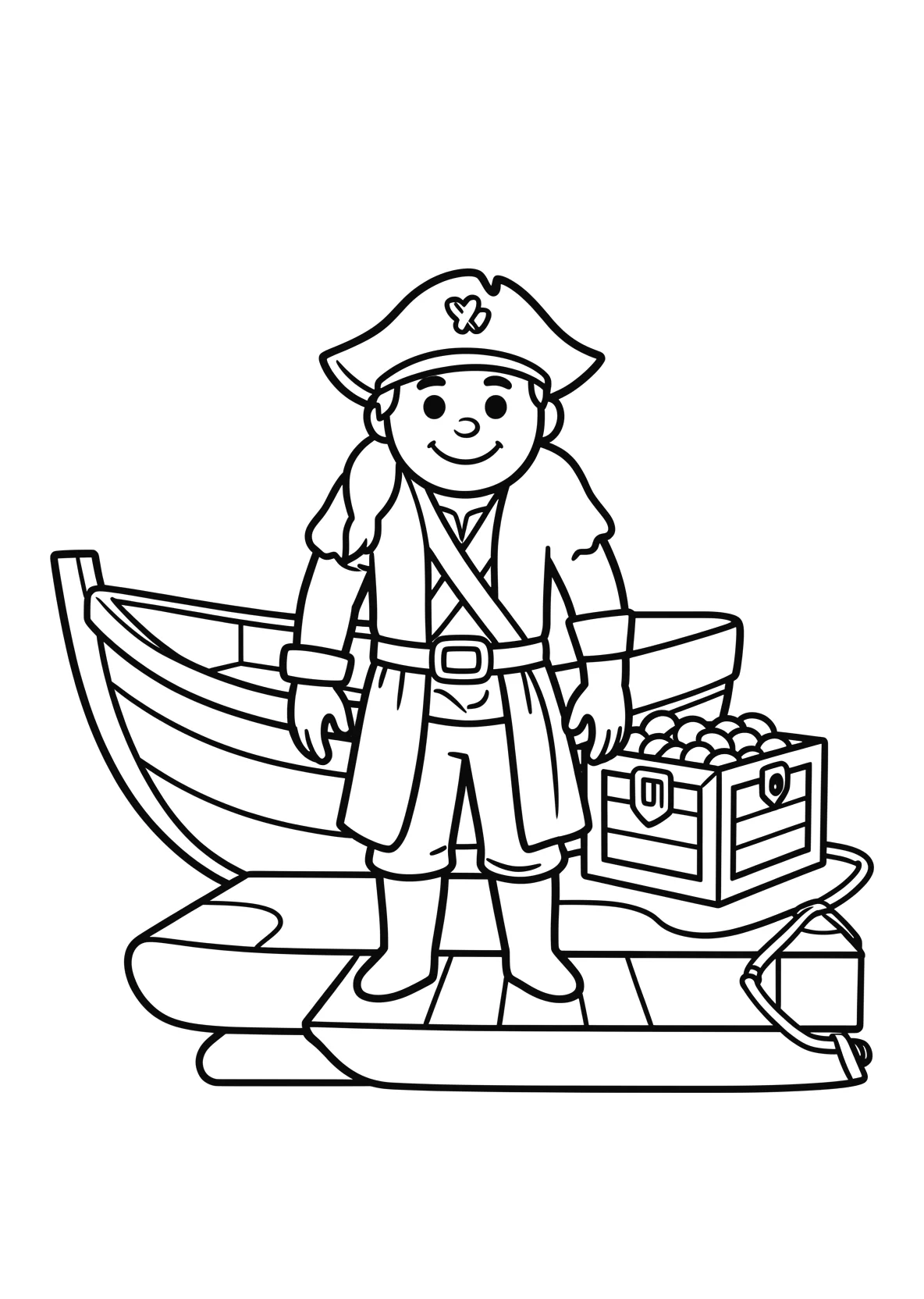 Ausmalbild Pirat steht auf einem Steg mit Boot - Ausmalbild aus der Kategorie Maerchen - kostenlos ausdrucken