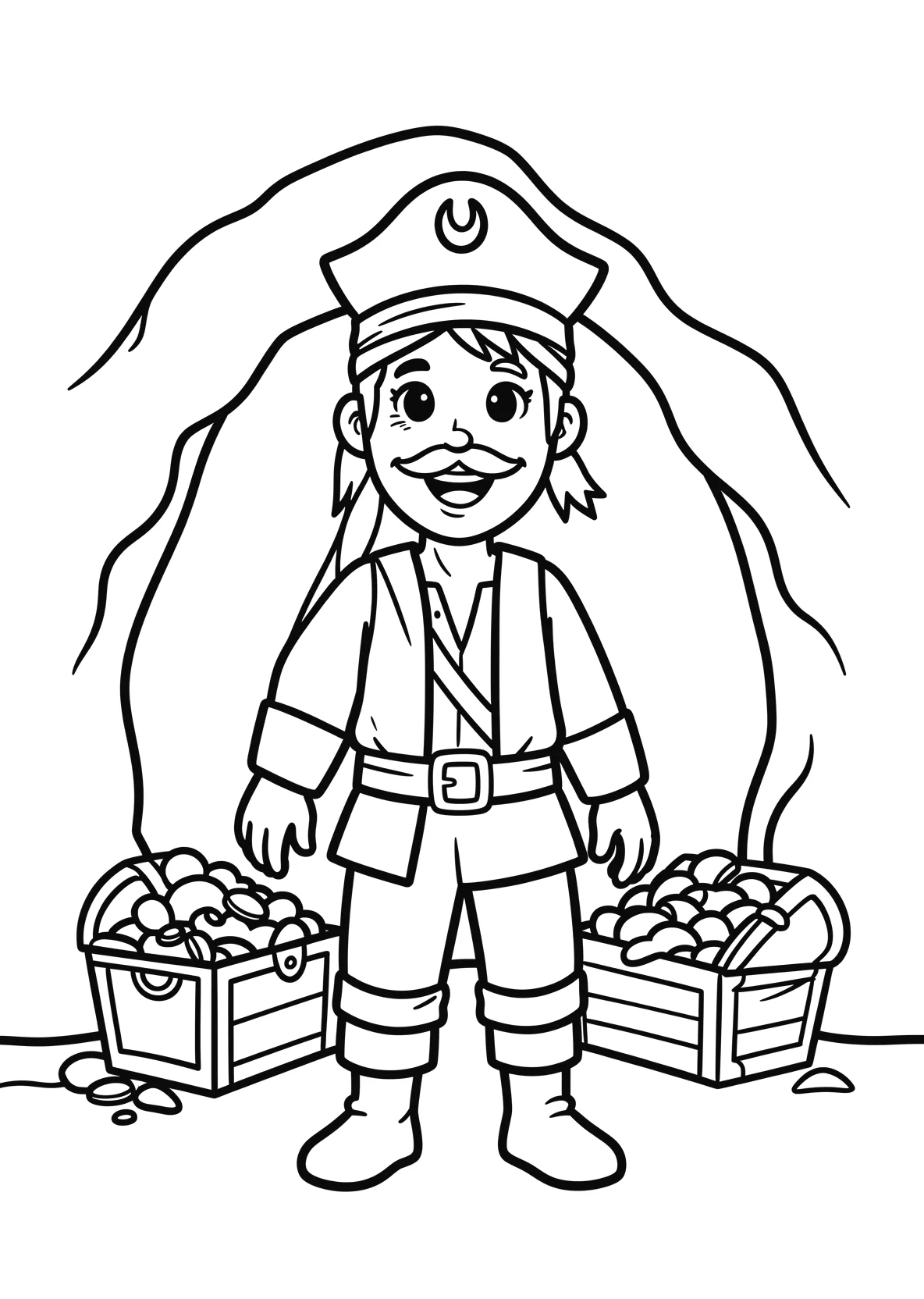 Ausmalbild Pirat steht vor einer Höhle mit Schatzkiste - Ausmalbild aus der Kategorie Maerchen - kostenlos ausdrucken