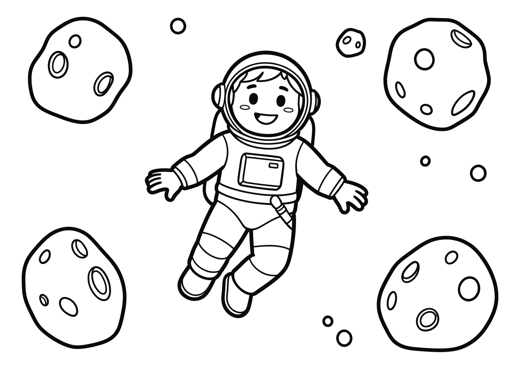 Ausmalbild Astronaut schwebt zwischen Asteroiden im Weltraum - Ausmalbild aus der Kategorie Berufe - kostenlos ausdrucken