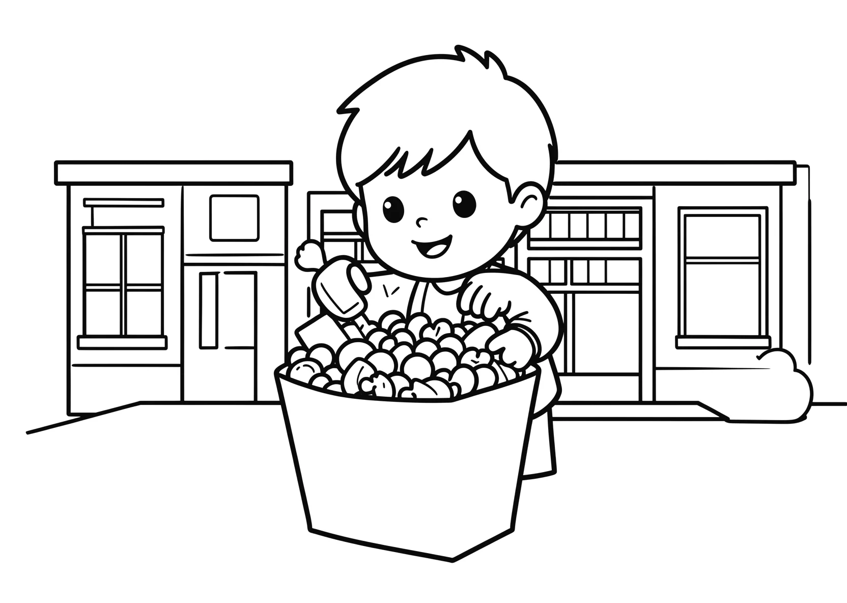 Ausmalbild Kind öffnet seine große Schultüte voller - Ausmalbild aus der Kategorie Sonstiges - kostenlos ausdrucken