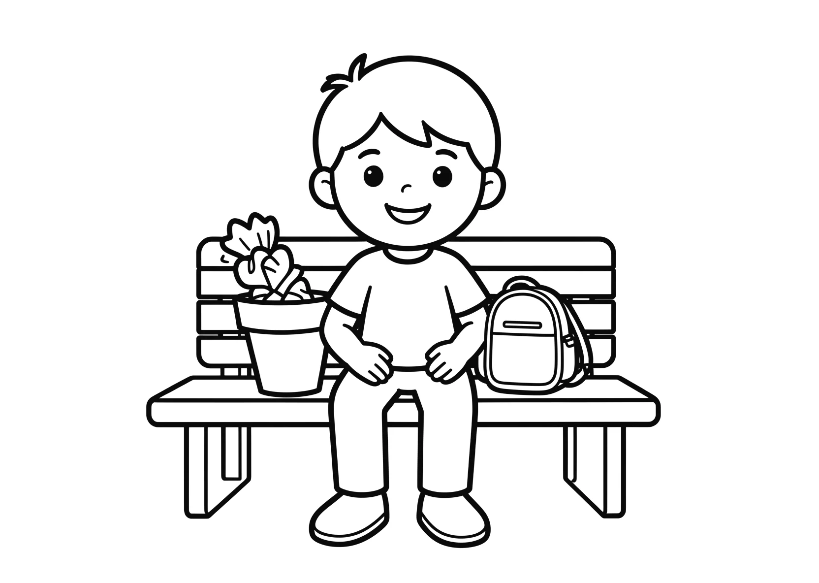 Ausmalbild Kind sitzt auf einer Bank vor einer Schule mit - Ausmalbild aus der Kategorie Berufe - kostenlos ausdrucken