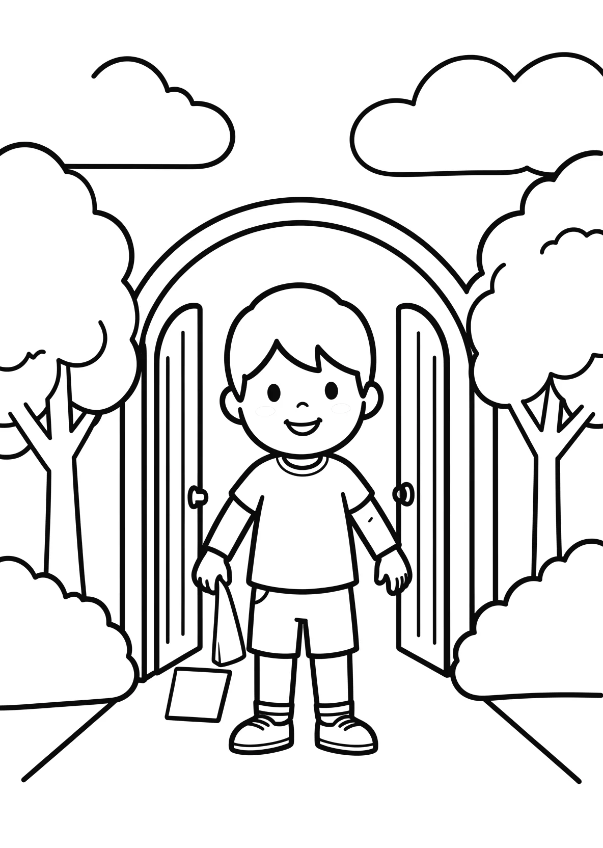Ausmalbild Kind mit Schultüte geht durch ein großes Schultor - Ausmalbild aus der Kategorie Natur - kostenlos ausdrucken