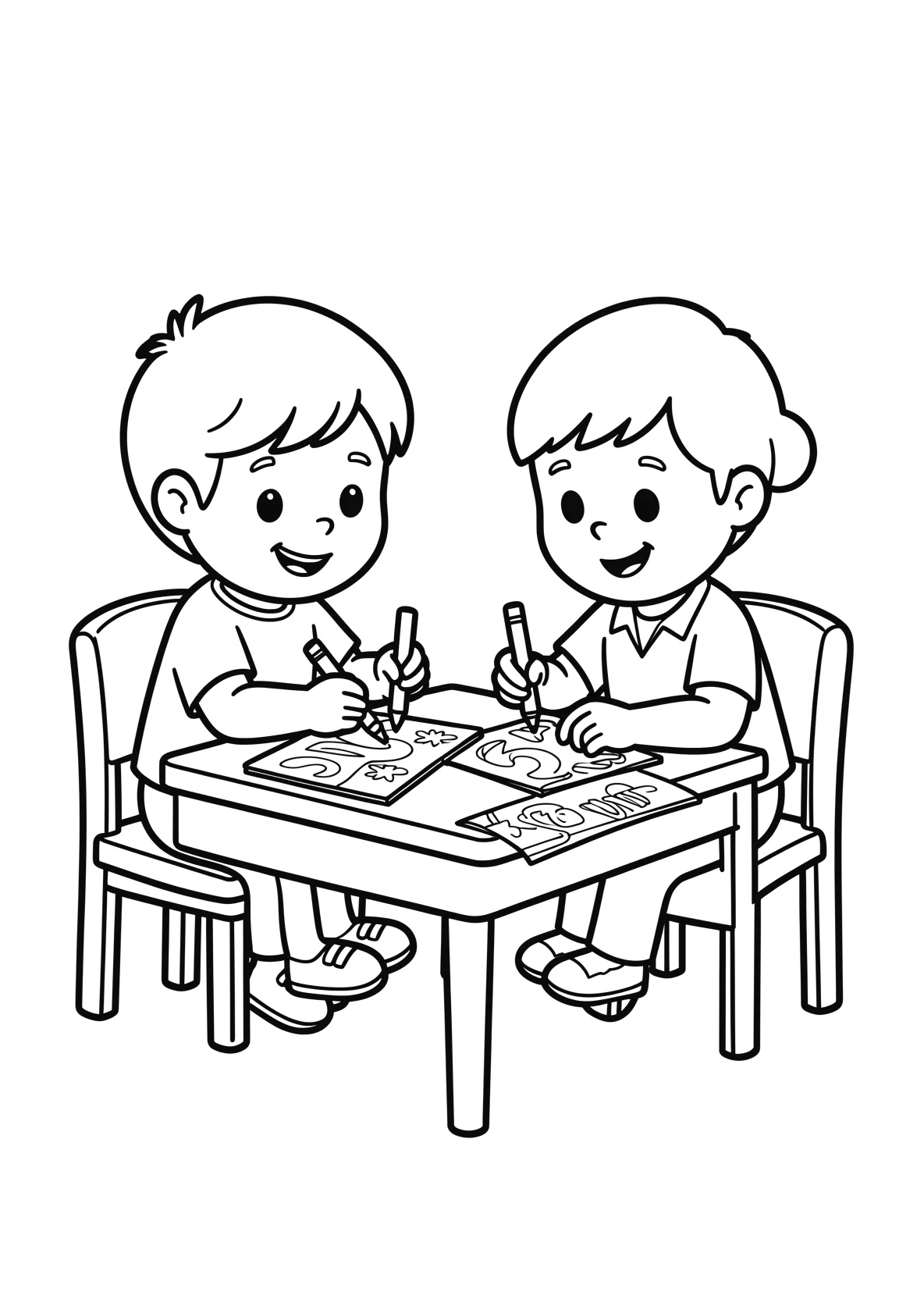 Ausmalbild Kinder sitzen im Kindergarten an einem Tisch - Ausmalbild aus der Kategorie Berufe - kostenlos ausdrucken