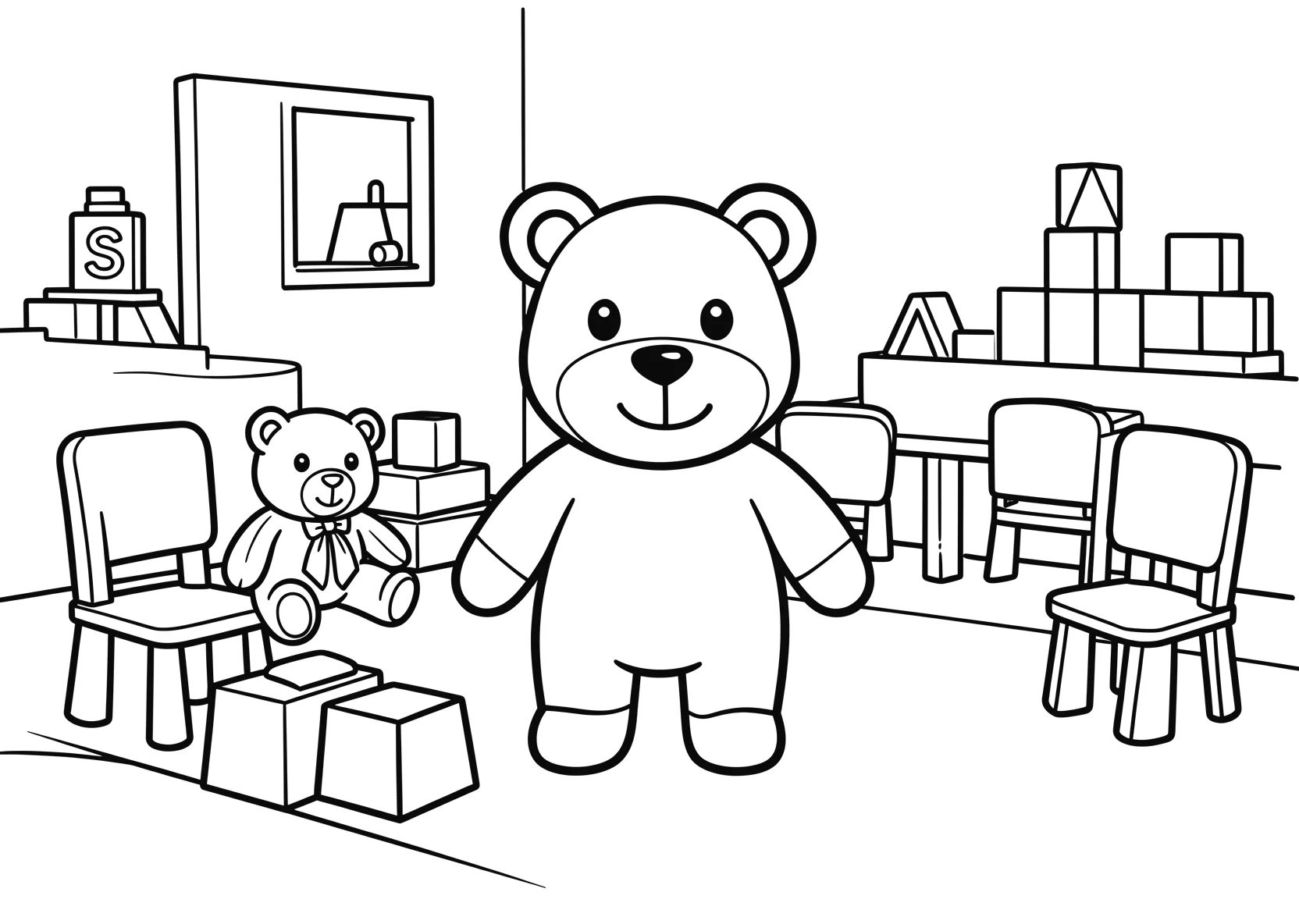 Ausmalbild Kindergartenraum mit Spielzeug - Ausmalbild aus der Kategorie Berufe - kostenlos ausdrucken