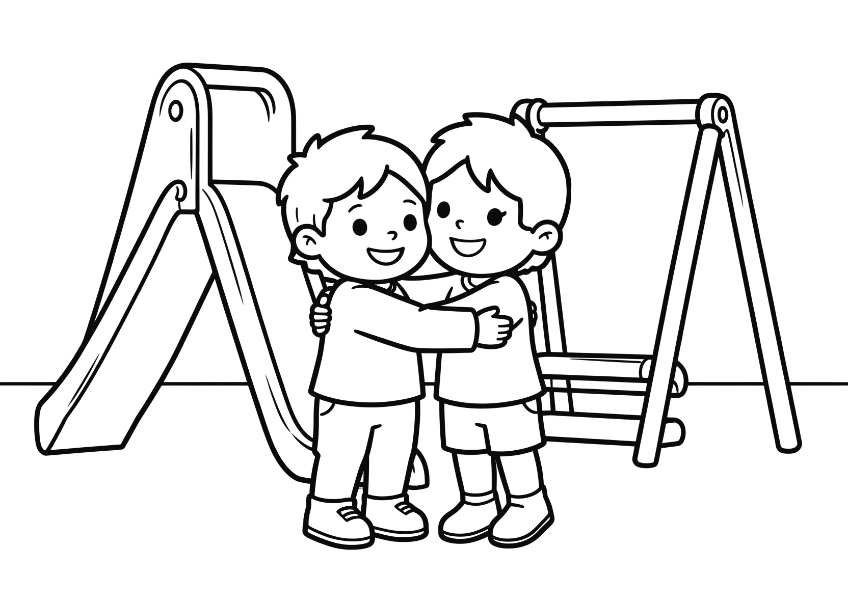 Ausmalbild Kinder umarmen sich auf einem Spielplatz mit - Ausmalbild aus der Kategorie Berufe - kostenlos ausdrucken