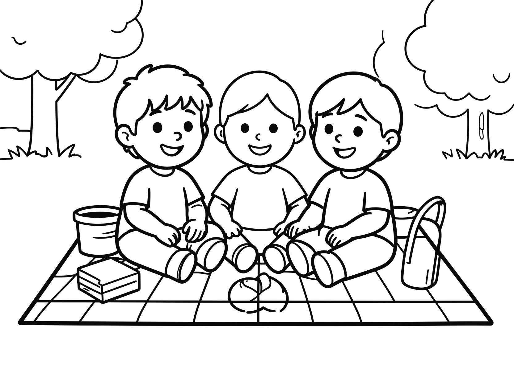 Ausmalbild Kinder sitzen zusammen auf einer Picknickdecke im - Ausmalbild aus der Kategorie Sonstiges - kostenlos ausdrucken