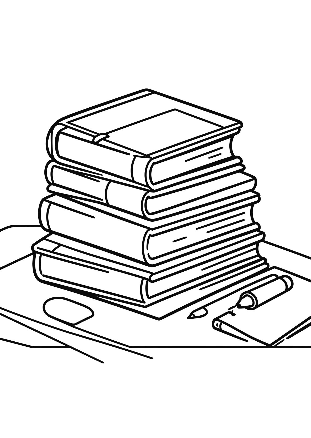 Ausmalbild Großer Stapel Bücher liegt auf einem Tisch mit - Ausmalbild aus der Kategorie Sonstiges - kostenlos ausdrucken