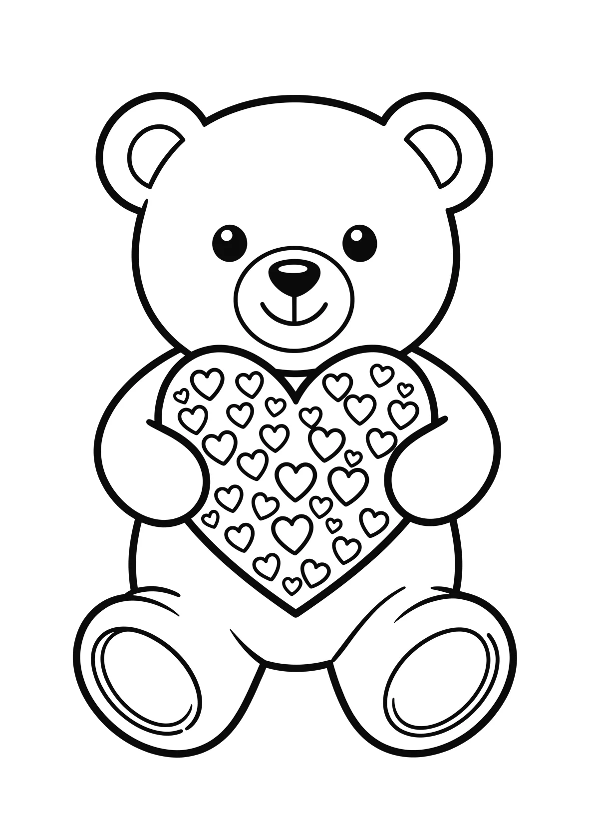Ausmalbild Teddybär hält ein großes Herz mit vielen kleinen - Ausmalbild aus der Kategorie Tiere - kostenlos ausdrucken