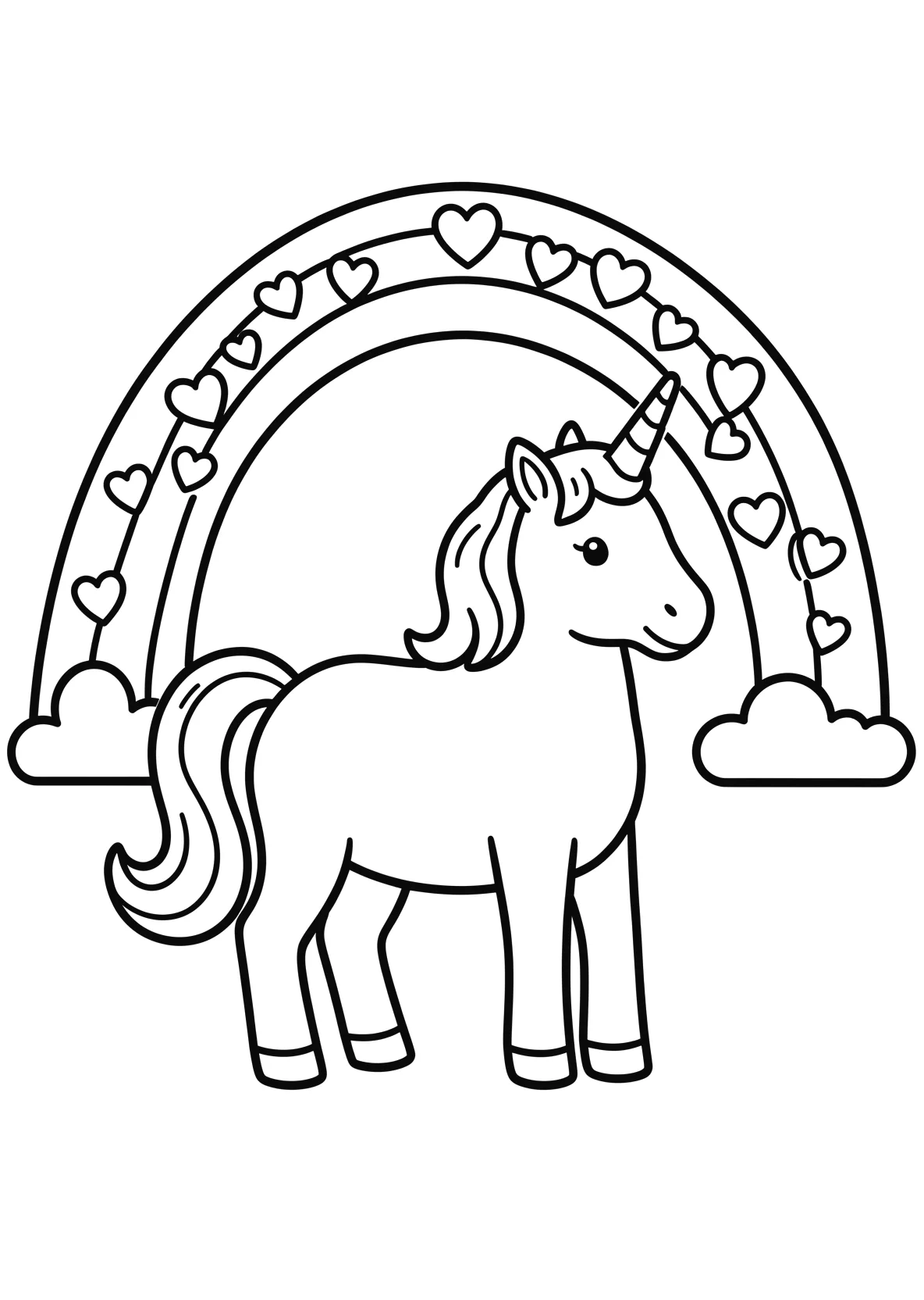 Ausmalbild Einhorn steht vor einem Regenbogen mit vielen - Ausmalbild aus der Kategorie Maerchen - kostenlos ausdrucken