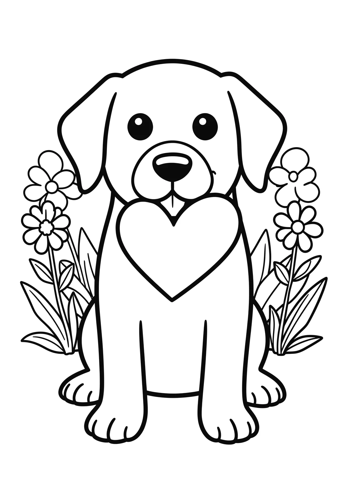 Ausmalbild Hund hält ein Herz im Maul mit Blumen im - Ausmalbild aus der Kategorie Tiere - kostenlos ausdrucken