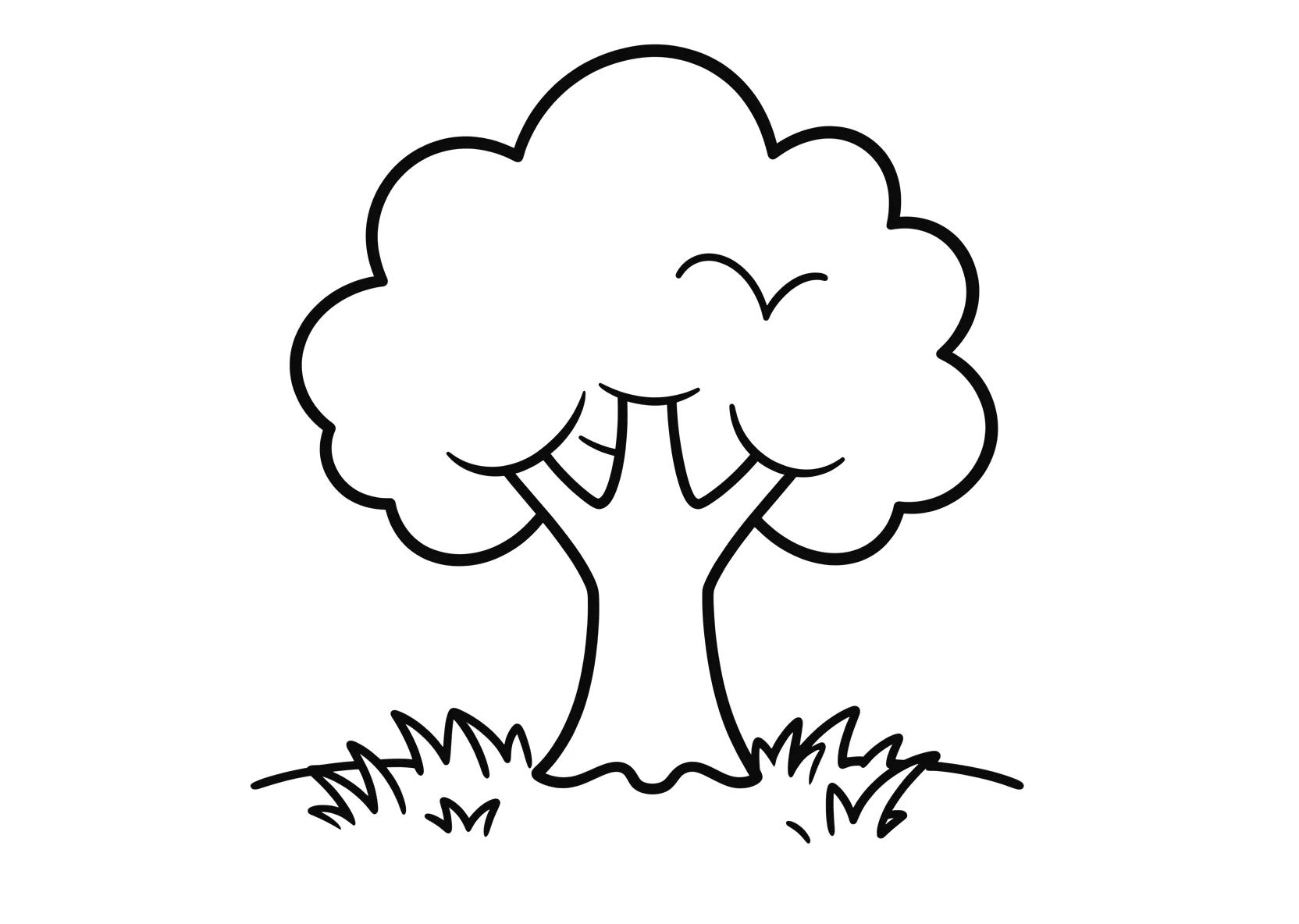 Ausmalbild Baum mit herzförmigen Blättern auf einer Wiese - Ausmalbild aus der Kategorie Natur - kostenlos ausdrucken