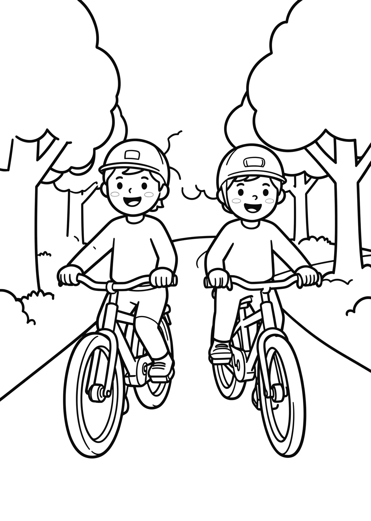 Ausmalbild Kinder fahren gemeinsam Fahrrad auf einem Weg - Ausmalbild aus der Kategorie Fahrzeuge - kostenlos ausdrucken