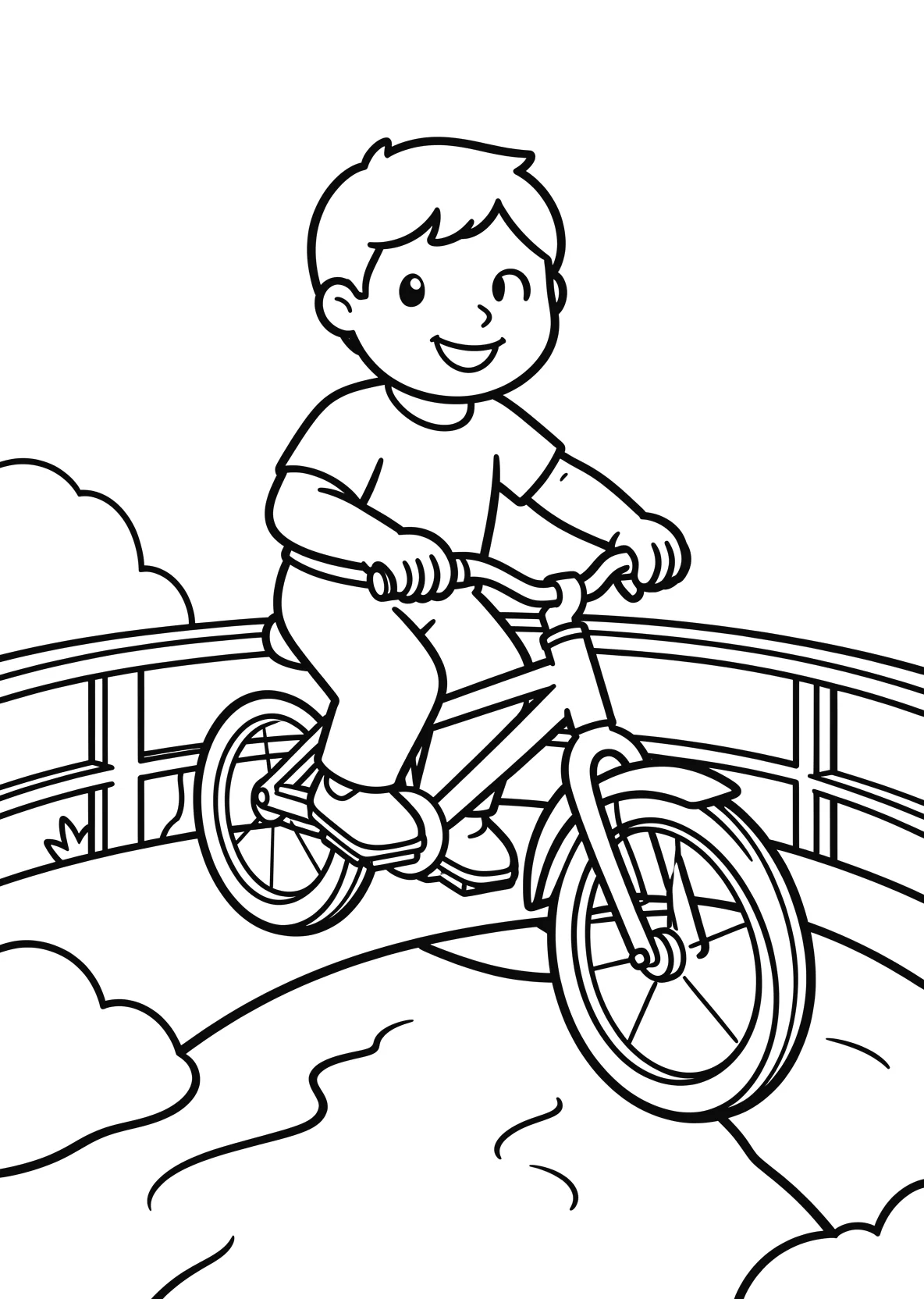 Ausmalbild Kind fährt Fahrrad über eine kleine Brücke über - Ausmalbild aus der Kategorie Fahrzeuge - kostenlos ausdrucken