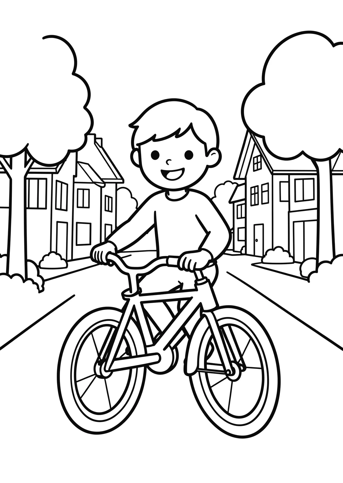 Ausmalbild Kind fährt Fahrrad durch eine Straße mit Häusern - Ausmalbild aus der Kategorie Fahrzeuge - kostenlos ausdrucken