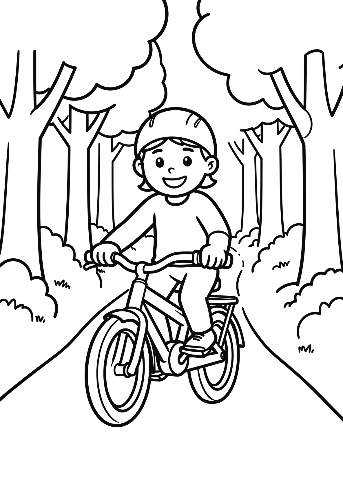 Ausmalbild Kinder fahren Fahrrad auf einem Waldweg mit Bäumen - Ausmalbild aus der Kategorie Fahrzeuge - kostenlos ausdrucken