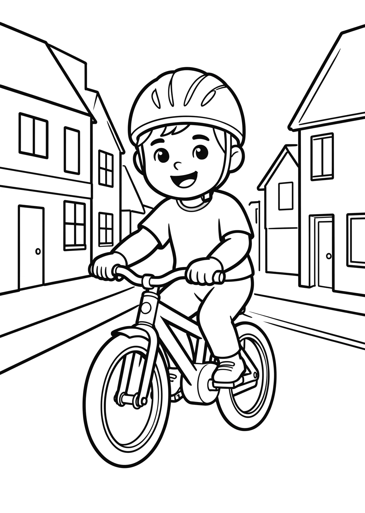 Ausmalbild Kind fährt Fahrrad mit Helm auf einer Straße mit - Ausmalbild aus der Kategorie Fahrzeuge - kostenlos ausdrucken